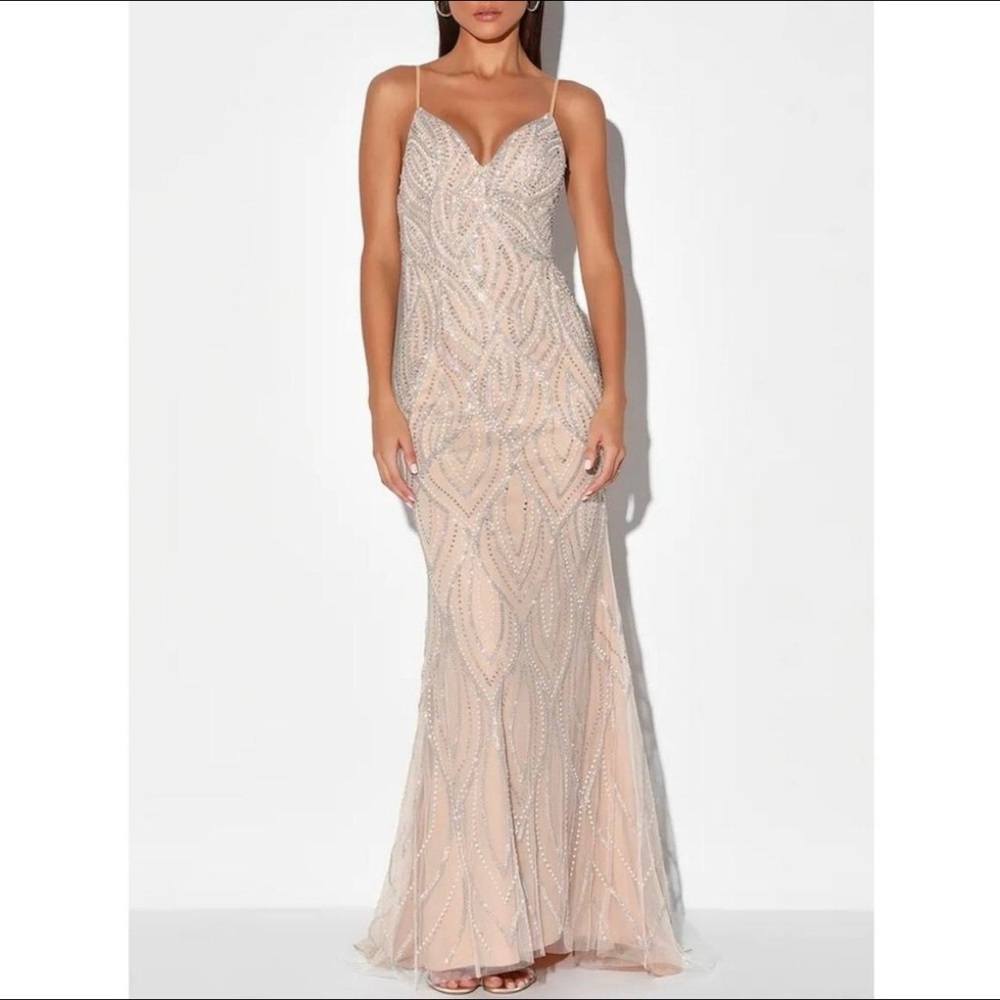 Lulus Luxe of Lifetime Beige Beaded Mermaid/Maxi Dress